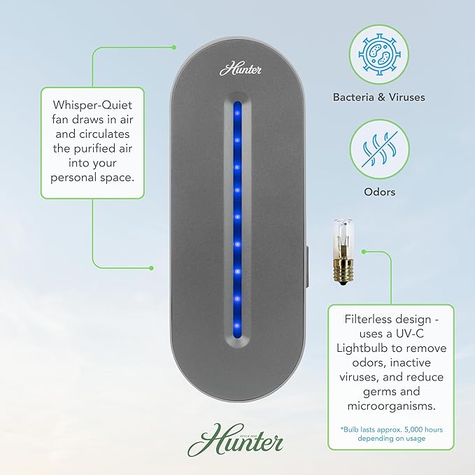 Hunter Plug-in UV Air Sanitizer, Aqua – Whisper Quiet UV-C Air Sanitizer, Matches A Variety of Room Decors and Styles