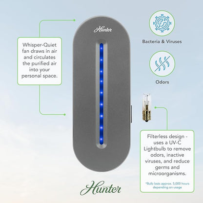 Hunter Plug-in UV Air Sanitizer, Aqua – Whisper Quiet UV-C Air Sanitizer, Matches A Variety of Room Decors and Styles