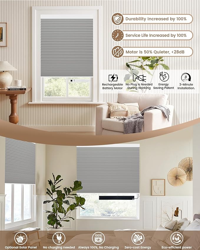 Kincmo Motorized Cellular Shades, Custom Motorized Blinds with Remote, Cordless Smart Electric Honeycomb Blinds Work with Apple HomeKit, Alexa, Google (100%-Blackout-Double-Cell Grey)