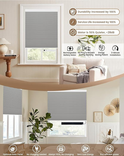 Kincmo Motorized Cellular Shades, Custom Motorized Blinds with Remote, Cordless Smart Electric Honeycomb Blinds Work with Apple HomeKit, Alexa, Google (100%-Blackout-Double-Cell Grey)