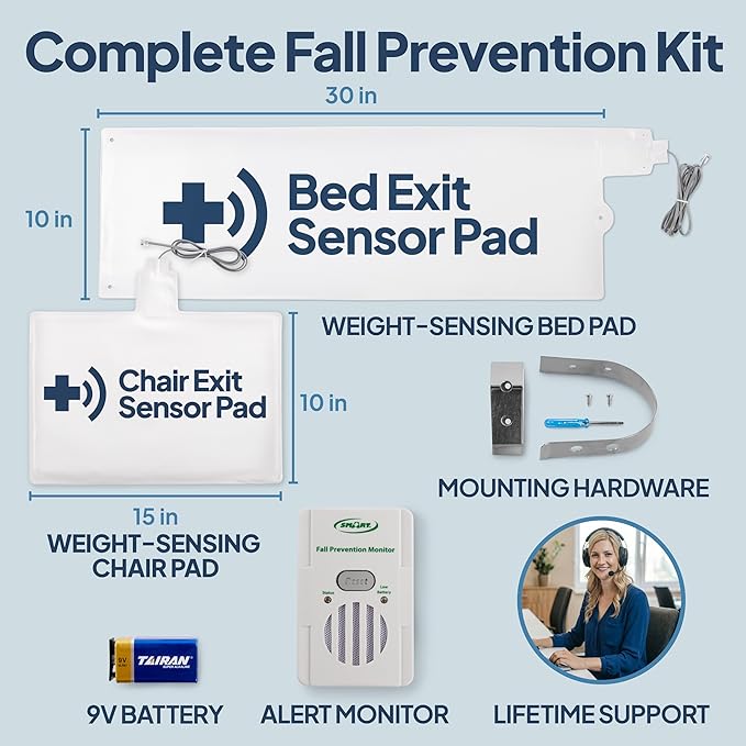 Smart Caregiver® Bed and Chair Exit Alarm System for Fall/Wandering Prevention – Know When They get up! Includes Monitor with 10in x 30in Bed Sensor Pad and 10in x 15in Chair Sensor Pad