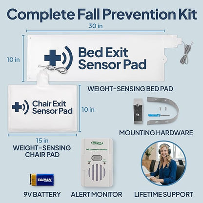 Smart Caregiver® Bed and Chair Exit Alarm System for Fall/Wandering Prevention – Know When They get up! Includes Monitor with 10in x 30in Bed Sensor Pad and 10in x 15in Chair Sensor Pad