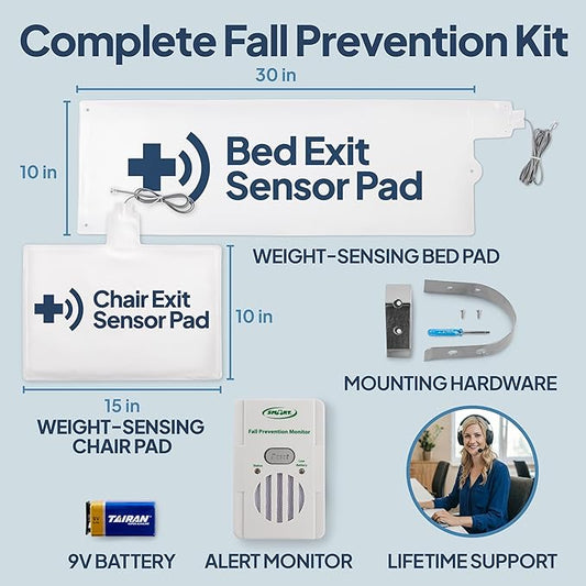 Smart Caregiver® Bed and Chair Exit Alarm System for Fall/Wandering Prevention – Know When They get up! Includes Monitor with 10in x 30in Bed Sensor Pad and 10in x 15in Chair Sensor Pad
