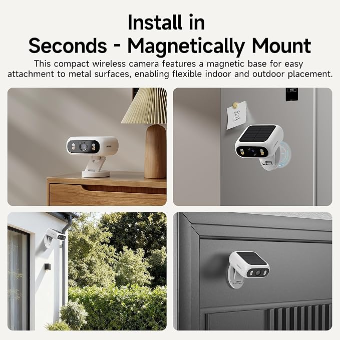 Solar Security Camera Wireless Outdoor, 2.4GHz 5GHz Dual Band WiFi Camera, Magnetic Folding Mount, AI Human/Vehicle Detection, Full Color Night Vision, Siren, 2-Way Talk for Home Garage Yard