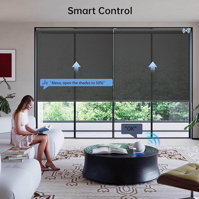 Motorized Coupled Shades, Falme Resistant Smart Solar Shades for Large Windows Automatic Blinds Compatible with Alexa, Electric Roller Blinds Customized for Home Office(5% Openness Black)