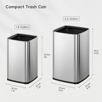 EKO 2-Pack Open Top Trash Can with Removable Inner Basket, Square Small Garbage Can, 1.8 + 3.2 Gallon Wastebasket Combo for Kitchen, Bathroom, Office, Home (Stainless Steel)