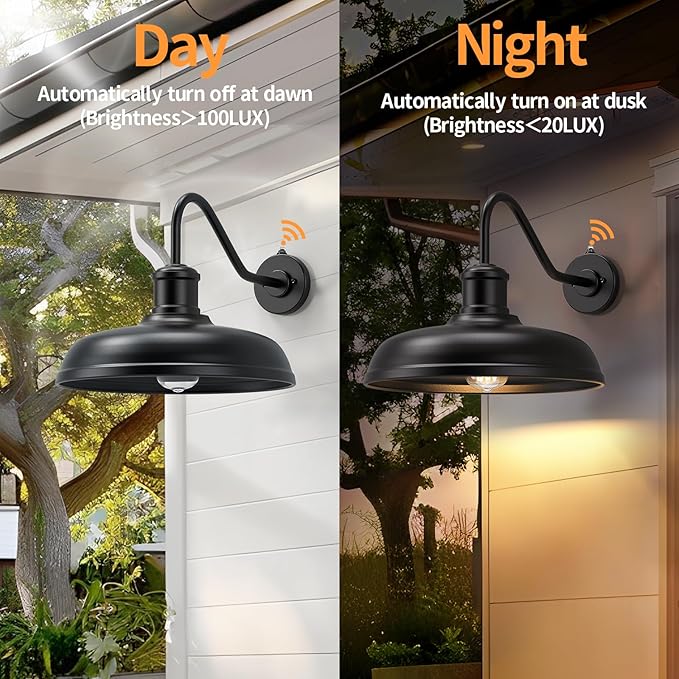 16 Inch Dome Dusk to Dawn Gooseneck Barn Light Outdoor, Large Farmhouse Exterior Light Fixture Wall Mount, Industrial Outdoor Wall Sconce Outside Lantern for House, Porch, Garage, Entryway, Black