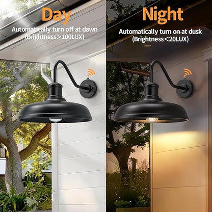 16 Inch Dome Dusk to Dawn Gooseneck Barn Light Outdoor, Large Farmhouse Exterior Light Fixture Wall Mount, Industrial Outdoor Wall Sconce Outside Lantern for House, Porch, Garage, Entryway, Black