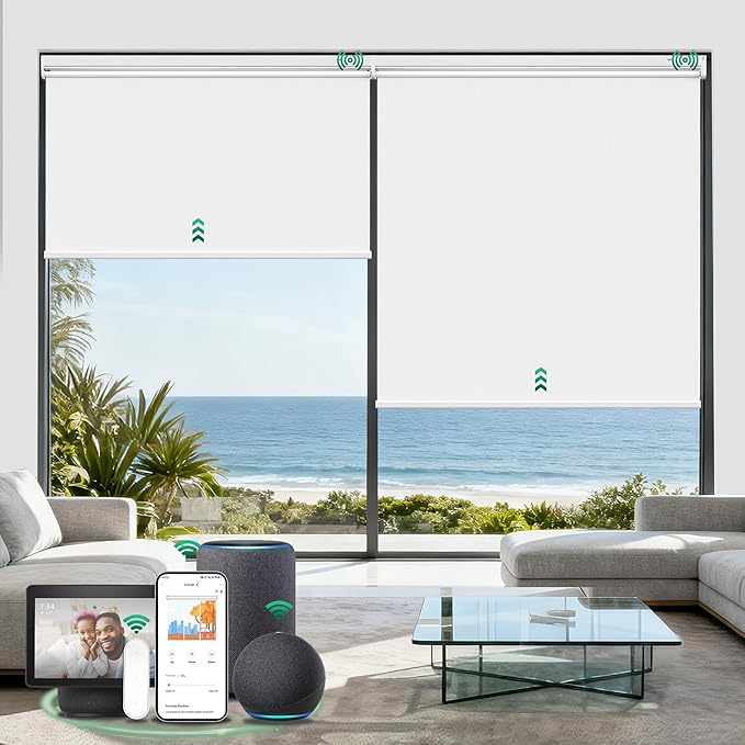 Allesin Smart Zigbee Roller Shades with Alexa Control, Blackout Motorized Blinds, No Hub Needed, Custom Sizes, Remote Included, (White, 33" W x 72" H)