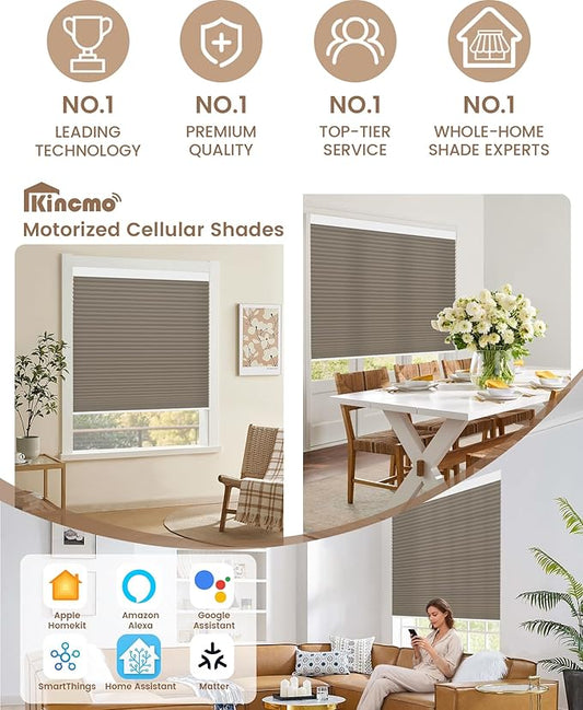 Kincmo Motorized Cellular Shades, Custom Motorized Blinds with Remote, Cordless Smart Electric Honeycomb Blinds Work with Apple HomeKit, Alexa, Google (75%-Blackout-Single-Cell Coffee)