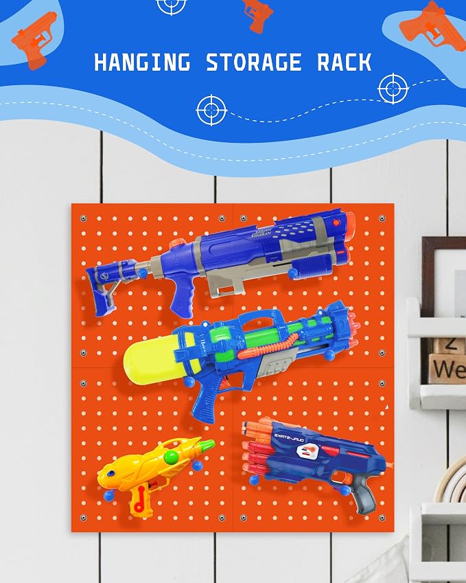 Wooden Peg Board for Nerf Gun Storage Organizer 13 x 13 x 0.31 in - Orange | 4 MDF Panels, 20 Wooden Pegs, Compatible with All Blasters Nerf Gun Rack Organizer for Wall Organization