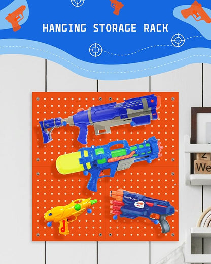 Wooden Peg Board for Nerf Gun Storage Organizer 13 x 13 x 0.31 in - Orange | 4 MDF Panels, 20 Wooden Pegs, Compatible with All Blasters Nerf Gun Rack Organizer for Wall Organization