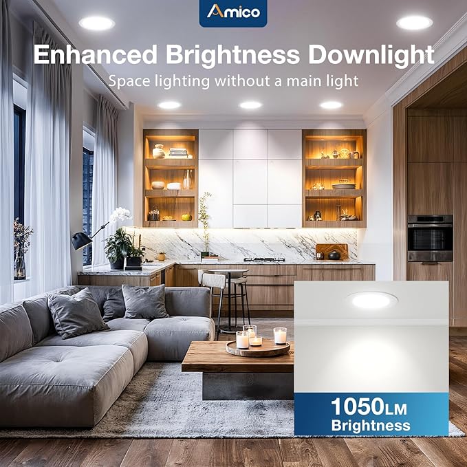 Amico 4 Pack 6 Inch 5CCT Ultra-Thin LED Recessed Ceiling Light with Junction Box, 2700K/3000K/3500K/4000K/5000K Selectable, 1050 Lumens, Dimmable Canless Wafer Downlight, 12W Eqv 110W-ETL&FCC