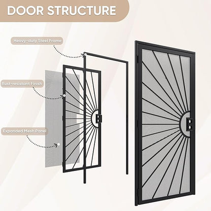 JUBEST 32 in. x 80 in. Security Door, Exterior Front Entry Door, Outswing Steel Security Door with Perforated Metal Screen, Powder Coated Black, Lock Not Include