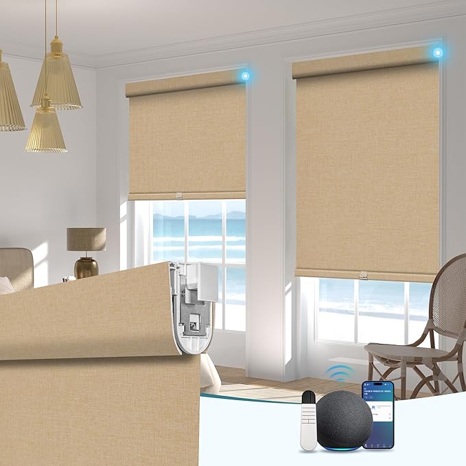 BERISSA Smart Motorized Blinds with Remote,No Drill Automatic Roller Blinds for Indoor Windows,Blackout Linen Fabric,Electric Shades for Windows Home Office,Linen Beige,Custom Size