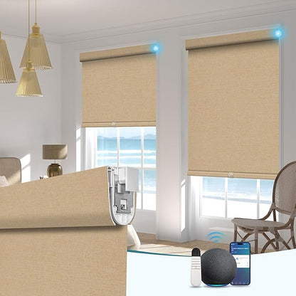 BERISSA Smart Motorized Blinds with Remote,No Drill Automatic Roller Blinds for Indoor Windows,Blackout Linen Fabric,Electric Shades for Windows Home Office,Linen Beige,Custom Size
