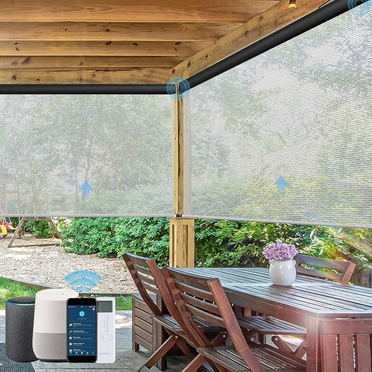 Motorized Outdoor Roller Shades,Patio Roll Up Blind Work with Alexa,Google Home,Apple Homekit,Remote Control Sun Shade,Waterproof &Windproof Smart Blinds for Porch,Sirus White,3% openess