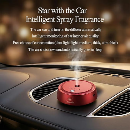 LuvAir Smart waterless car Aroma Diffuser Set, Adjustable Ultra Sonic-Mist Technology, Rechargeable, 100% Natural Fragrance, Aromatherapy Oil Scent Included (Red, Peach Lumiere)