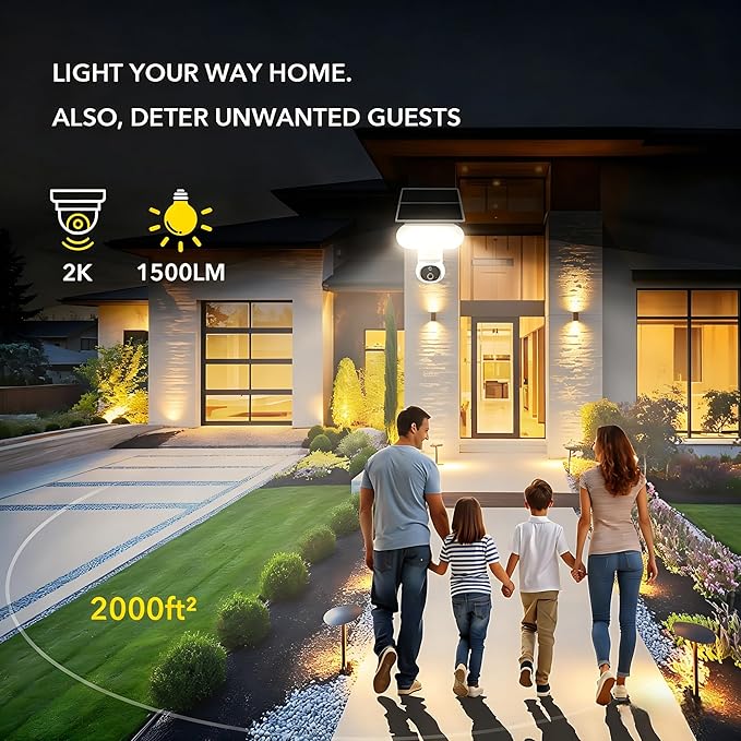 Solar Floodlight Camera with 1500LM Bright Lights-2K Wireless Outdoor Security PT Cam, Motion Activated Color Night Vision Illuminates Entire Yard & Driveway, No Monthly Fee, 64GB SD Card Included