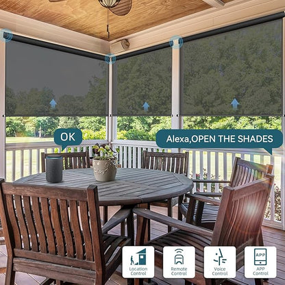 Motorized Outdoor Roller Shades,Patio Roll Up Blind Work with Alexa,Google Home,Apple Homekit,Remote Control Sun Shade,Waterproof &Windproof Smart Blinds for Porch,Sirus Dark Grey, 5% Openness