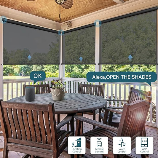 Motorized Outdoor Roller Shades,Patio Roll Up Blind Work with Alexa,Google Home,Apple Homekit,Remote Control Sun Shade,Waterproof &Windproof Smart Blinds for Porch,Sirus Dark Grey, 5% Openness