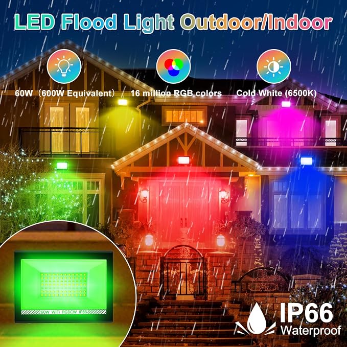 T-SUN RGB Led Flood Light 60W, 600W Equivalent Outdoor Landscape Light | Color Changing Bluetooth RGBCW Smart Floodlights Waterproof with 2700K & 16 Million Colors, Timing, Music Sync, 4Pack