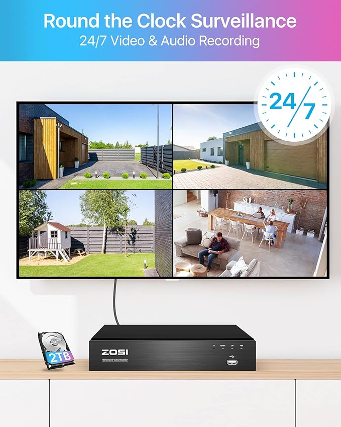ZOSI 4K PoE Security Camera System,2 Way Audio,8 Ports 16CH 8MP/4K NVR with 2TB HDD,4pcs 8MP Outdoor Indoor PoE IP Cameras,Person Vehicle Detection,Spotlight Color Night Vision,for 24/7 Recording