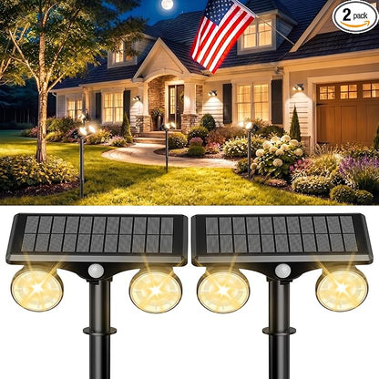 Solar Spot Lights Outdoor Waterproof 2Pack,2 Modes Motion Sensor Landscape Lighting for Outside Yard Garden Pathway,2-in-1 Wall&Spot LED Lights with 360° Adjustable Dual Heads(Warm Light)