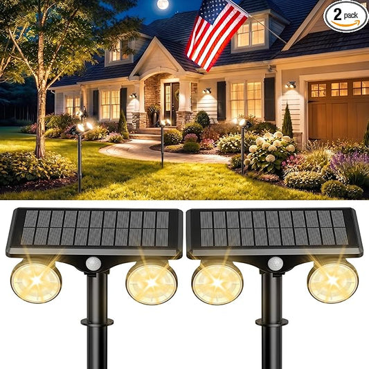 Solar Spot Lights Outdoor Waterproof 2Pack,2 Modes Motion Sensor Landscape Lighting for Outside Yard Garden Pathway,2-in-1 Wall&Spot LED Lights with 360° Adjustable Dual Heads(Warm Light)