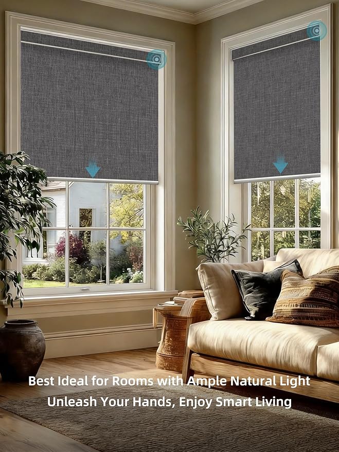 SmartWings Motorized Smart Blinds with Remote, Custom Automatic 100% Blackout Roller Shade Compatible with Alexa/Homekit/Google, Electric Smart Blinds for Indoor Windows, Bouvardia Medium Grey