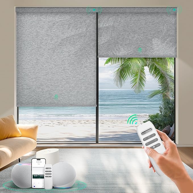 HeyBlinds Motorized Blinds with Remote, Smart Roller Shades with App & Voice Control, Work with Alexa Google HomeKit, Light Filtering Custom Shades for Living Room Office (Silver Lining-Misty Grey LF)