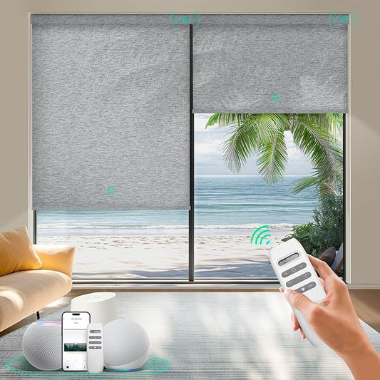 HeyBlinds Motorized Blinds with Remote, Smart Roller Shades with App & Voice Control, Work with Alexa Google HomeKit, Light Filtering Custom Shades for Living Room Office (Silver Lining-Misty Grey LF)