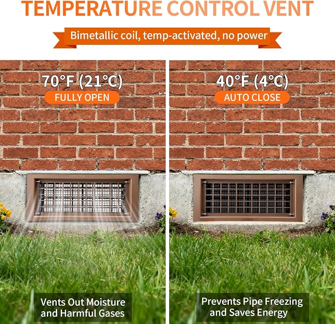 Crawl Space Foundation Vent Cover Automatic 8x16 Inch, Brown 6 Pack | Auto Open/Close at 40°F-70°F, Freeze Protection & Energy Saving, DIY Replacement for House, Mobile Home & Skirting, Plastic