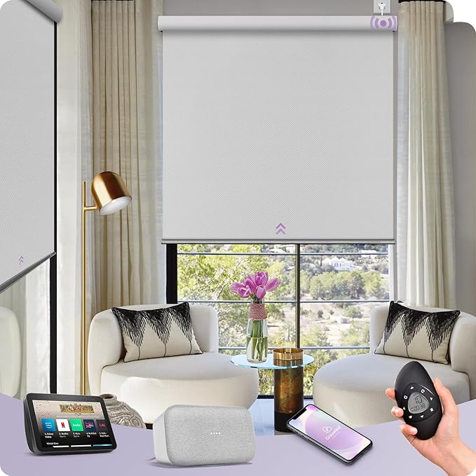 Graywind Motorized Shades 100% Blackout Work with Alexa Google WiFi Hardwired Smart Roller Shade Remote Control Automated Window Blinds with Valance, Customized Size (Bright White)