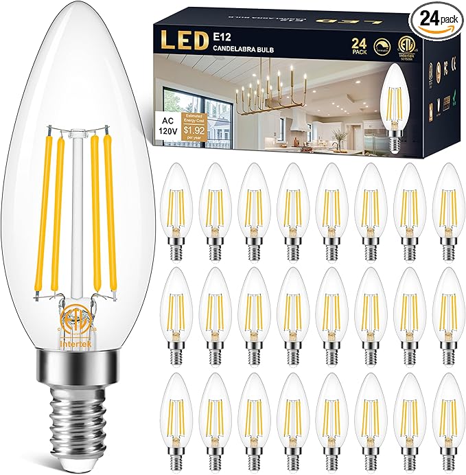Cotanic E12 LED Bulb Dimmable 3000K Soft White, LED Candelabra Bulbs 60Watt Equivalent, Small Base Type B Light Bulbs, Candle Shape Chandelier Light Bulbs Clear Glass, 600LM, 24 Pack