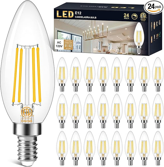 Cotanic E12 LED Bulb Dimmable 3000K Soft White, LED Candelabra Bulbs 60Watt Equivalent, Small Base Type B Light Bulbs, Candle Shape Chandelier Light Bulbs Clear Glass, 600LM, 24 Pack