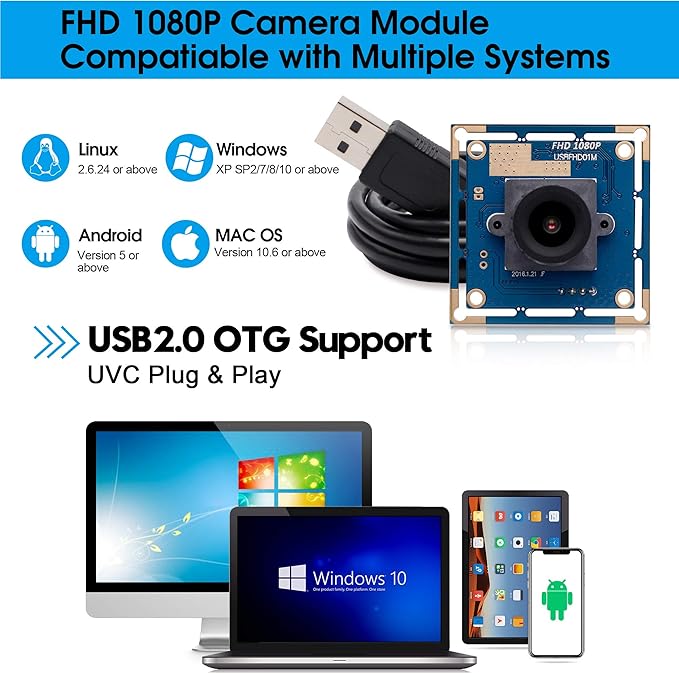 SVPRO 1080P HD USB Camera Module with 2.1mm Lens, 2MP OV2710 CMOS Board Camera, 30fps/720P 60fps/VGA 100fps High Frame Rate Machine Vision Cam USB Plug and Play for Windows Linux MacOS Android