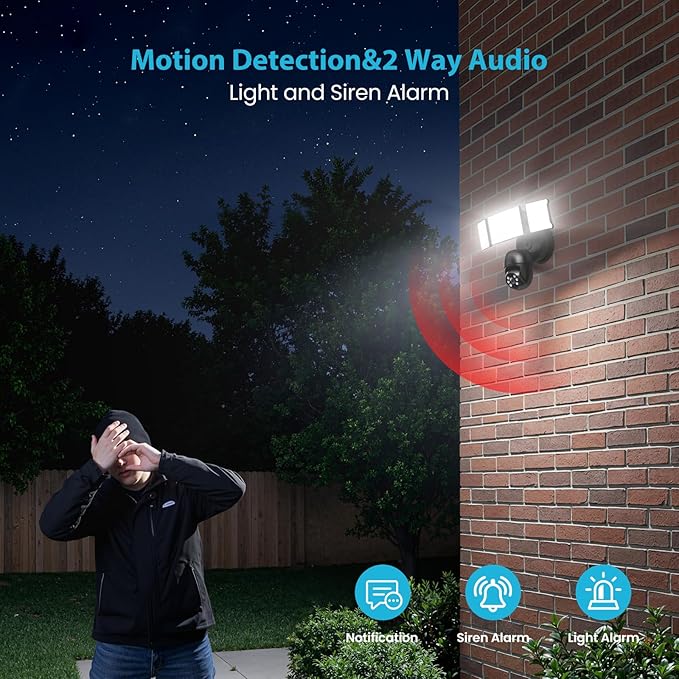 Olafus Floodlight Camera Outdoor，5500LM Motion Sensor Light with Camera，2K HD Home Security Light Wired，Color Night Vision，Two-Way Audio，7/24 Record，Compatible with Alexa/Google (Black)
