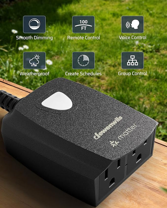DEWENWILS Wi-Fi Matter Smart Dimmer Plug, Remote Control, 2 Grounded Outlets, Work with Alexa/Google Home, Support 200W Dimmable LED & 400W Tungsten Bulbs, Outdoor Dimmer for String Lights