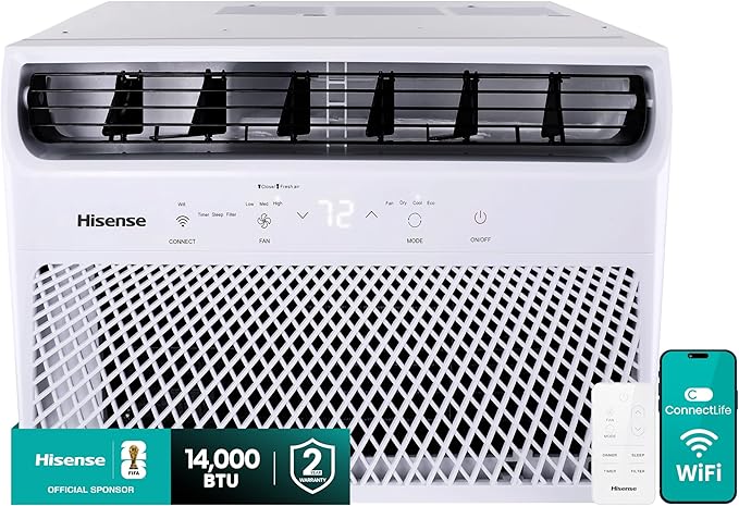 Hisense 14,000 BTU Smart Window Air Conditioner, 3 modes (Cooling, Fan, Dehumidifier), Easy Installation,Ultra Quiet, 2 Years Warranty