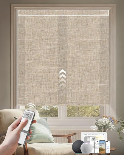 Kincmo Motorized Blinds with Remote, Light Filtering Roller Shades Work with Apple Homekit,Alexa,Google Home, Custom Electric Blinds with App,Voice Control (75% Blackout Linen Caramel)