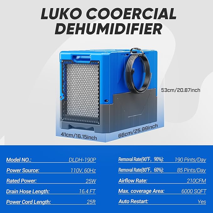 190PPD Commercial Dehumidifier with Pump for Basement-6000Sq.Ft. Warehouse, Large Space Crawl Space Dehumidifier for Efficient Water Damage Restoration-Auto Defrost, Memory Starting, Blue-2PC