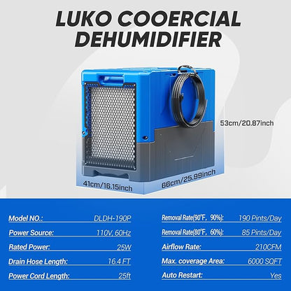 190PPD Commercial Dehumidifier with Pump for Basement-6000Sq.Ft. Warehouse, Large Space Crawl Space Dehumidifier for Efficient Water Damage Restoration-Auto Defrost, Memory Starting, Blue-3PC