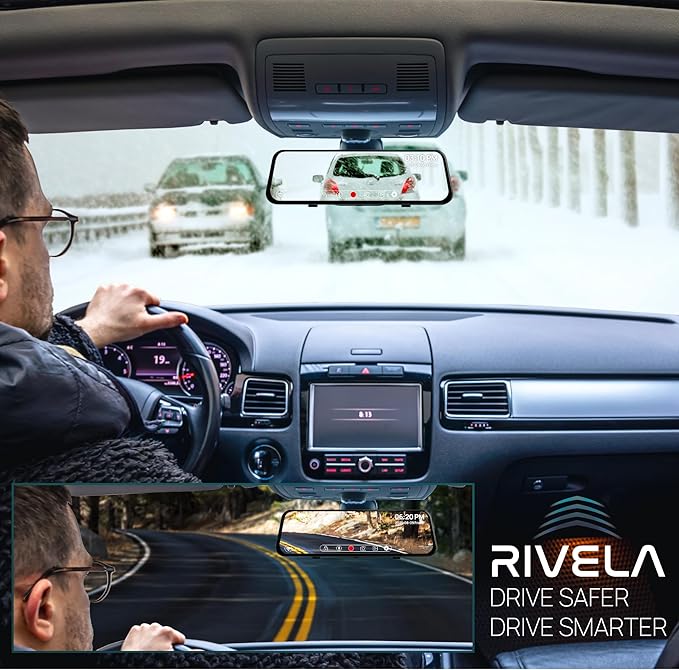 RIVELA 10” Rear View Mirror Camera - 4K Touchscreen Digital Rearview Mirror with GPS, G-Sensor, Loop Recording, Night Vision, 170° Wide Angle, Backup Dash Cam for Cars, Easy Installation