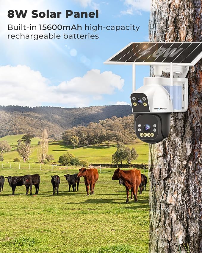 GENBOLT 4G AOV Cellular Solar Security Camera Outdoor Wireless, 7/24 Recording 3MP+3MP No WiFi IP Surveillance Camera with Sim Card, 8W 15600mAh Battery Operated LTE Camera CCTV