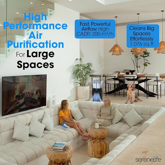SereneLife Air Purifier for Home - Smart Room Air Purifier with Sleep and Automatic Modes, WiFi and App Control, Ultra Quiet, Removes Dust, Pet Hair and Odor for Large Rooms up to 1,076 Sq Ft (Black)