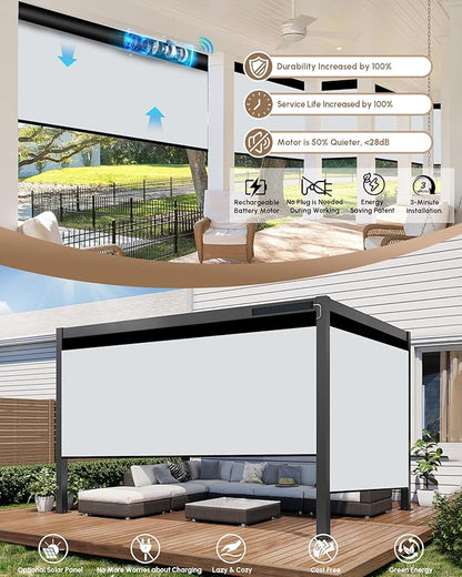 Kincmo Motorized Outdoor Shades for Patio Porch, Custom Outdoor Motorized Blinds with Remote, Waterproof & Windproof Patio Shades Work with Apple Home,Alexa,Google (0% Openness White Grey)