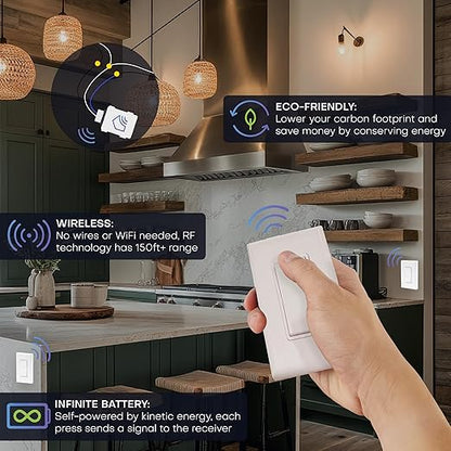 RunLessWire 4-Way Battery-Free DIY Wireless Light Switch Kit 150ft RF Range Self-Powered by Kinetic Energy for Hallways & Stairways: 3 Remote Switches Control 1 5A On/Off Receiver Gray