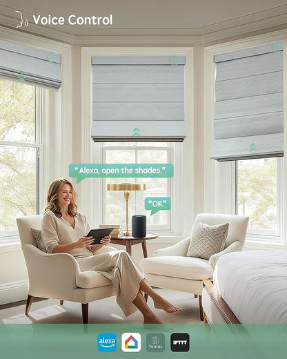 Yoolax Motorized Roman Shades with Remote, Smart Roman Shades for Windows, Blackout Automatic Blinds Work with Alexa, Google, Apple Homekit for Living Room Bedroom, Customized (Foggy Thread)