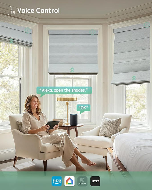 Yoolax Motorized Roman Shades with Remote, Smart Roman Shades for Windows, Blackout Automatic Blinds Work with Alexa, Google, Apple Homekit for Living Room Bedroom, Customized (Foggy Thread)